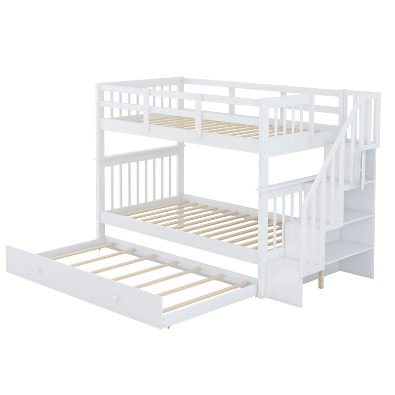 Stairway Twin Over Twin Bunk Bed With Twin Size Trundle For Bedroom, Dorm, Adults, White