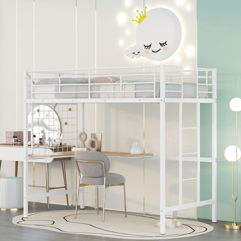 Twin Metal Loft Bed With Desk And Metal Grid, White