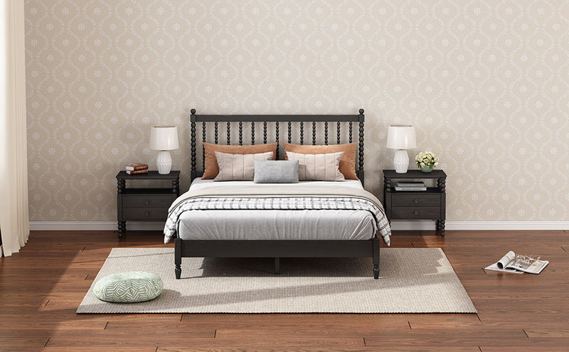 King Size Wood Platform Bed With Gourd Shaped Headboard, Antique Black