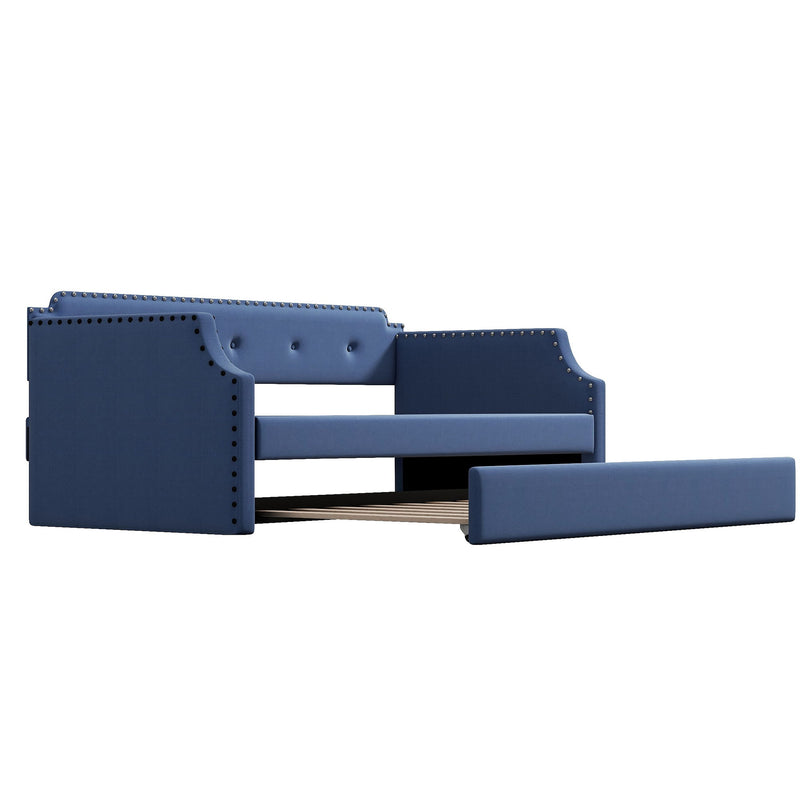 Upholstered Daybed With Trundle, Wood Slat Support, Upholstered Frame Sofa Bed, Twin, Blue