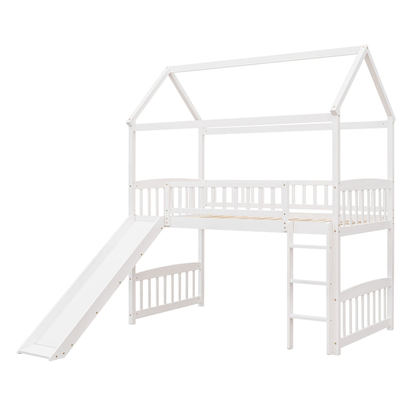Twin Loft Bed With Slide, House Bed With Slide, White - White