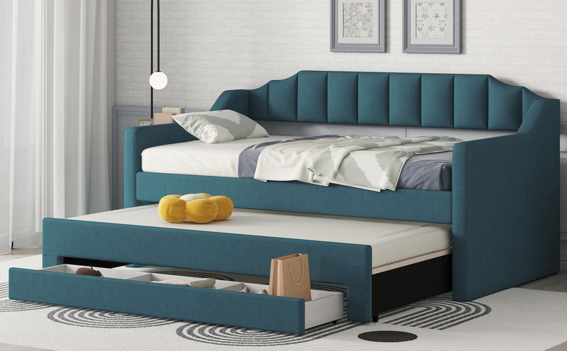 Twin Size Upholstered Daybed With Trundle And Three Drawers - Green