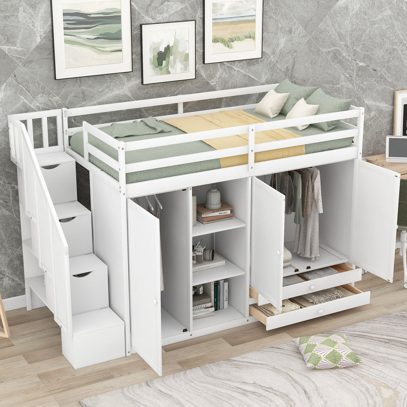 Functional Loft Bed With 3 Shelves, 2 Wardrobes And 2 Drawers, Ladder With Storage, No Box Spring Needed, White