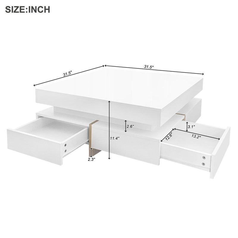 On-Trend Modern High Gloss Coffee Table With 4 Drawers, Multi Storage Square Cocktail Tea Table With Wood Grain Legs, Center Table For Living Room - White