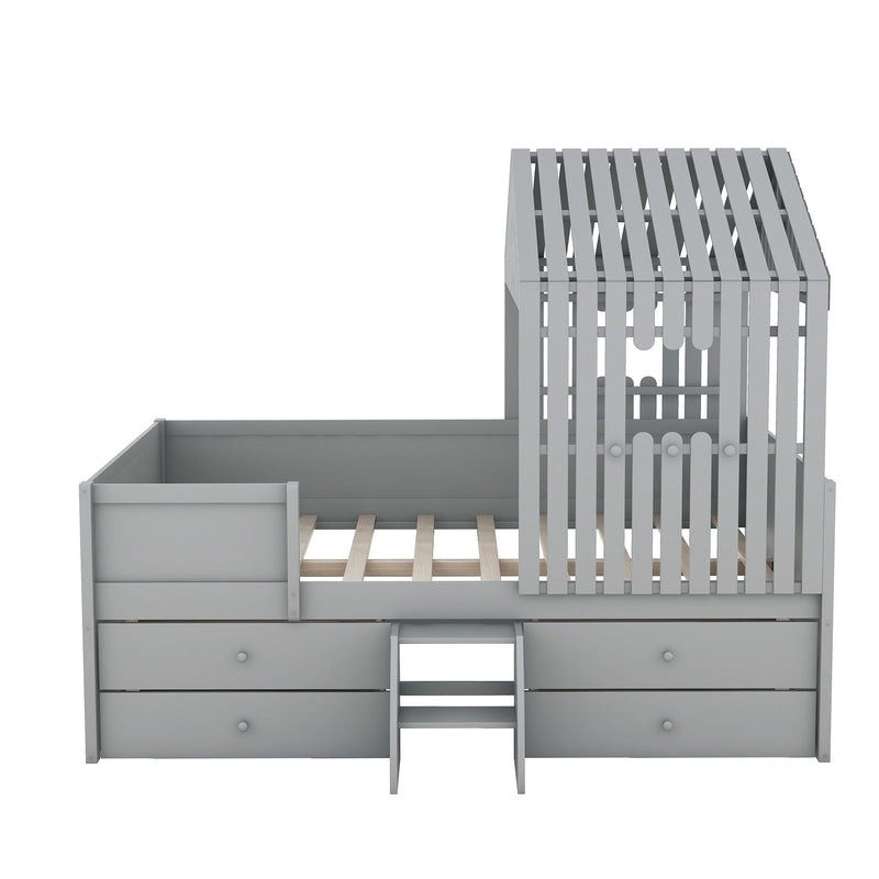 Full Size House Low Loft Bed With Four Drawers - Gray