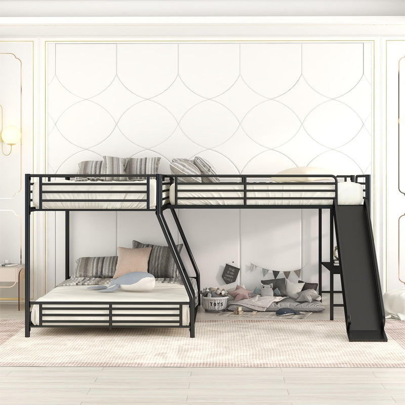 L-Shaped Twin Over Full Bunk Bed With Twin Size Loft Bed, Built-In Desk And Slide, Black