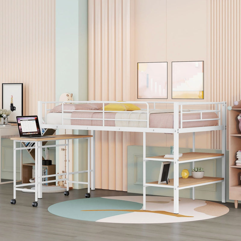Twin Size Metal Loft Bed With Desk And Shelves, White