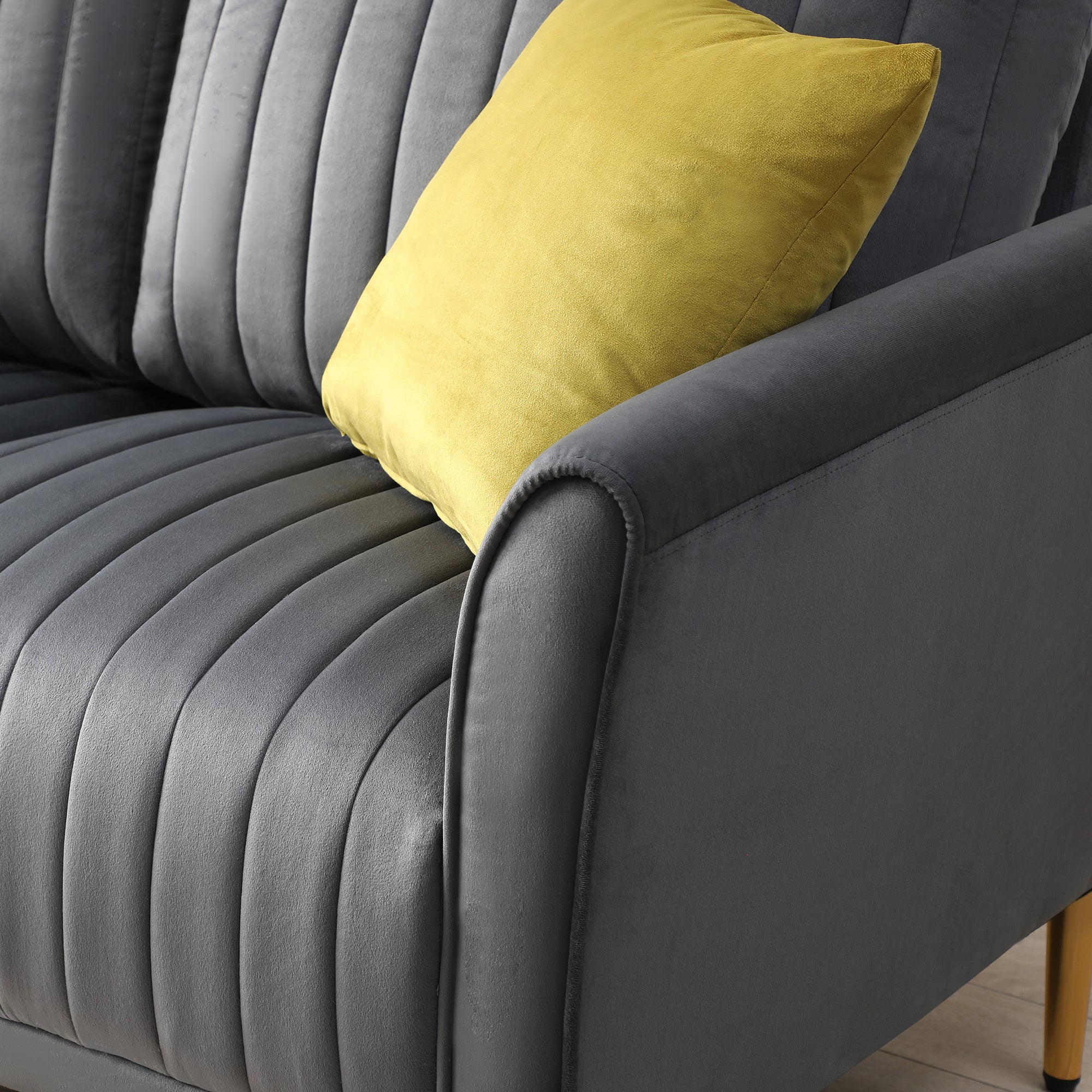 Modern Velvet Upholstered Sofa Couch 3 Seat Channel Tufted Back and Cushion Seat, Metal Legs, Sleeper Sofa for Living Room, Compact Living Space, Apartment, Bonus Room, Grey - Atlantic Fine Furniture Inc