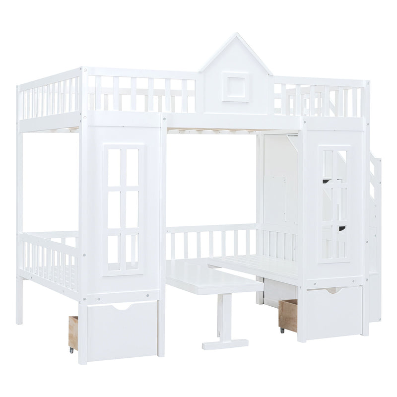 Full-Over-Full Bunk Bed With Changeable Table, Bunk Bed Turn Into Upper Bed And Down Desk, White