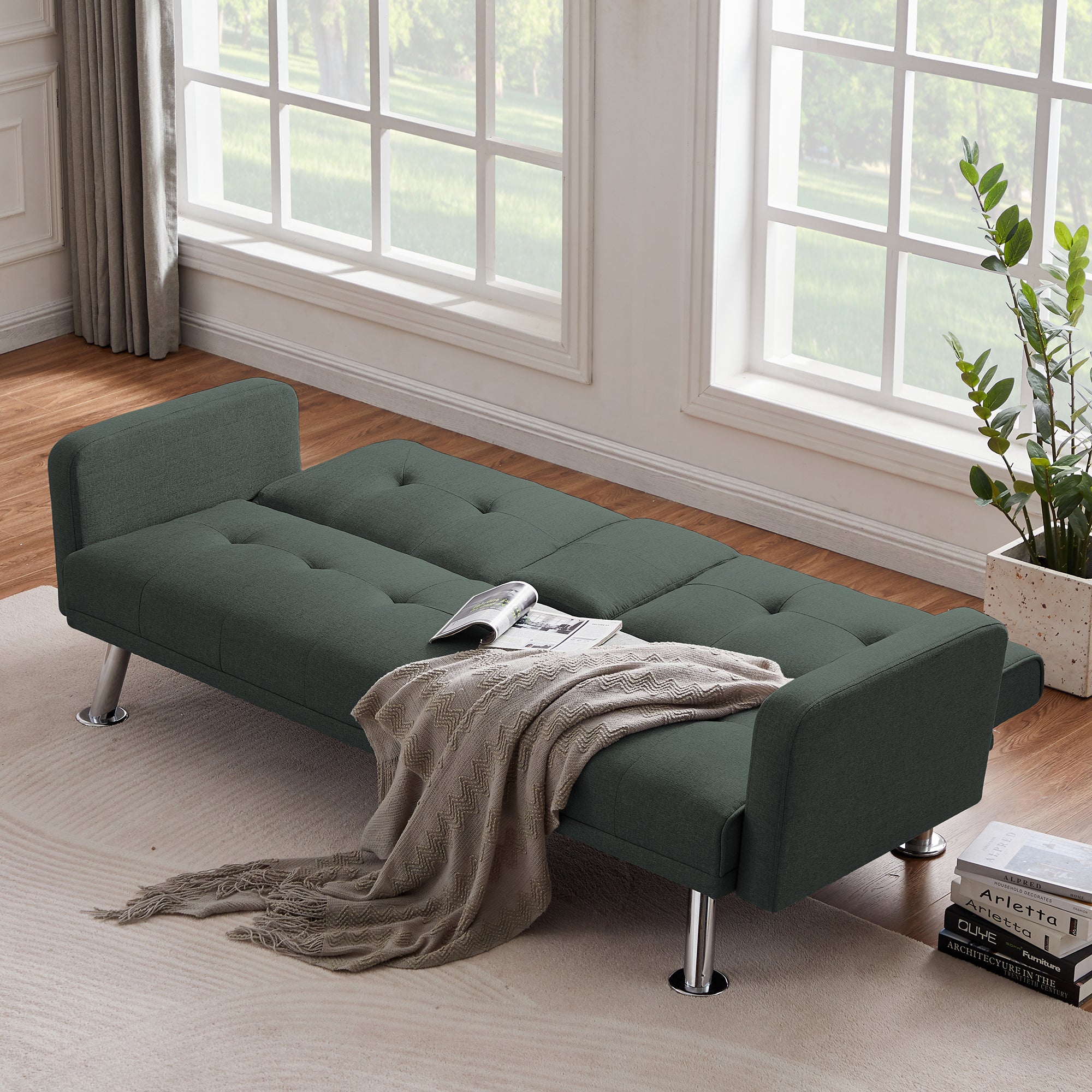 Convertible Folding Sofa Bed with Armrest , Fabric Sleeper Sofa Couch for Living Room . - Atlantic Fine Furniture Inc
