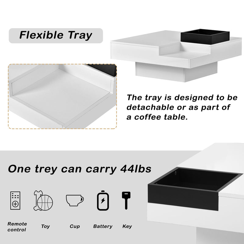 On Trend Modern Minimalist Design 31. 5*31. 5In Square Coffee Table With Detachable Tray And Plug In 16 Color Led Strip Lights Remote Control For Living Room - White