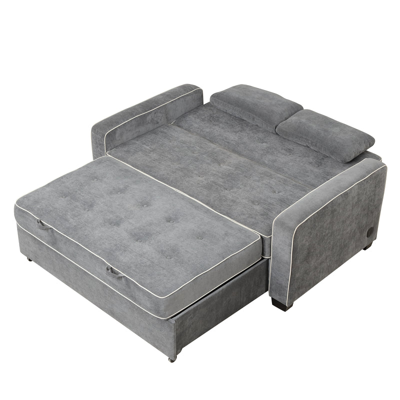 Linen Upholstered Sleeper Bed , Pull Out Sofa Bed Couch attached two throw pillows,Dual USB Charging Port and Adjustable Backrest for Living Room Space,Gray