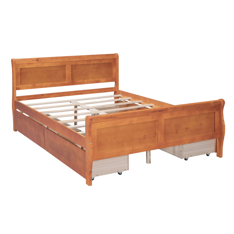Full Size Wood Platform Bed With 4 Drawers And Streamlined Headboard & Footboard, Oak