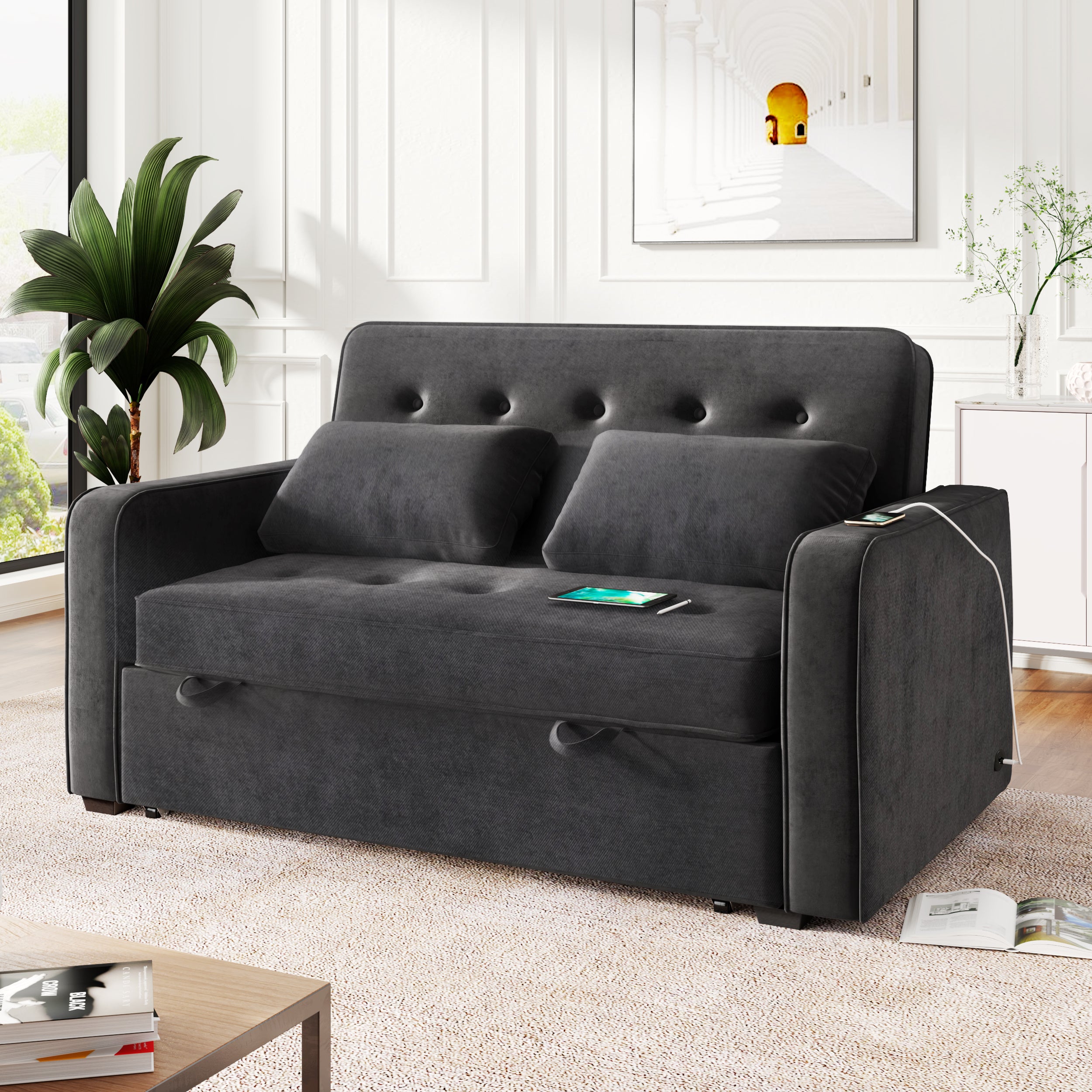 Linen Upholstered Sleeper Bed , Pull Out Sofa Bed Couch attached two throw pillows,Dual USB Charging Port and Adjustable Backrest for Living Room Space，Black - Atlantic Fine Furniture Inc