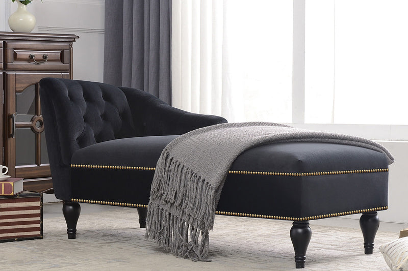 58" Velvet Chaise Lounge, Button Tufted Right Arm Facing Lounge Chair With Nailhead Trim & Solid Wood Legs For Living Room Or Office, Sleeper Lounge Sofa (Black)