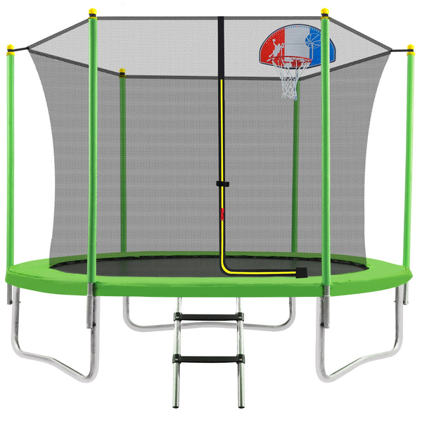 10FT Trampoline For Kids With Safety Enclosure Net - Basketball Hoop And Ladder - Easy Assembly Round Outdoor Recreational Trampoline