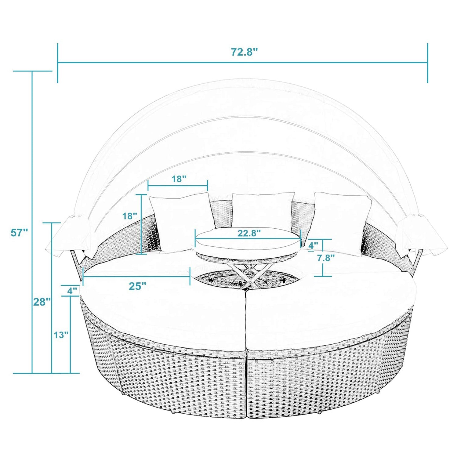 Patio Furniture Outdoor Daybed with Retractable Canopy and Soft Cushions, PE Wicker Rattan Round Sectional Sofa Set for Lawn Garden Backyard Poolside, Turquoise - Atlantic Fine Furniture Inc