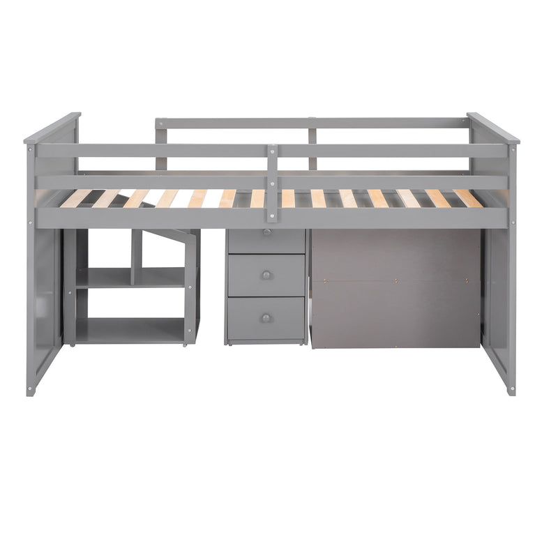 Loft Bed Low Study Twin Size Loft Bed With Storage Steps And Portable, Desk, Gray