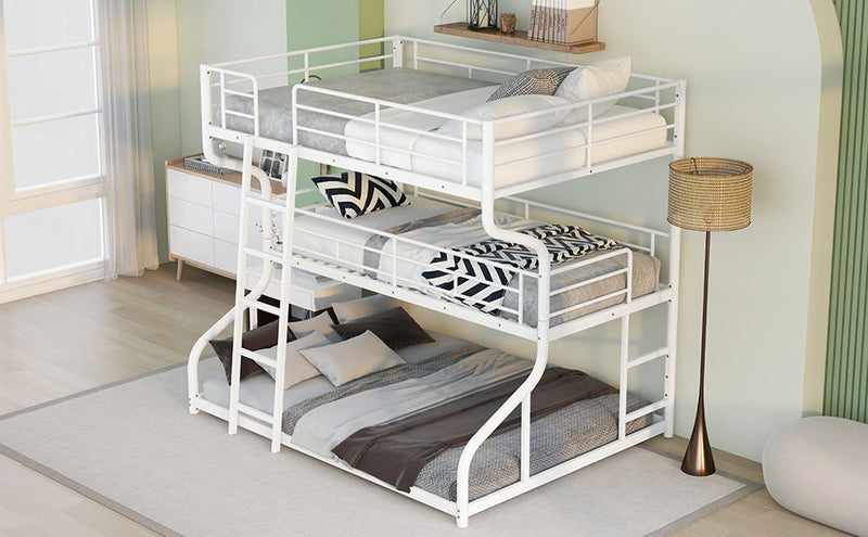 Full Long Over Twin Long Over Queen Size Triple Bunk Bed With Long And Short Ladder, White