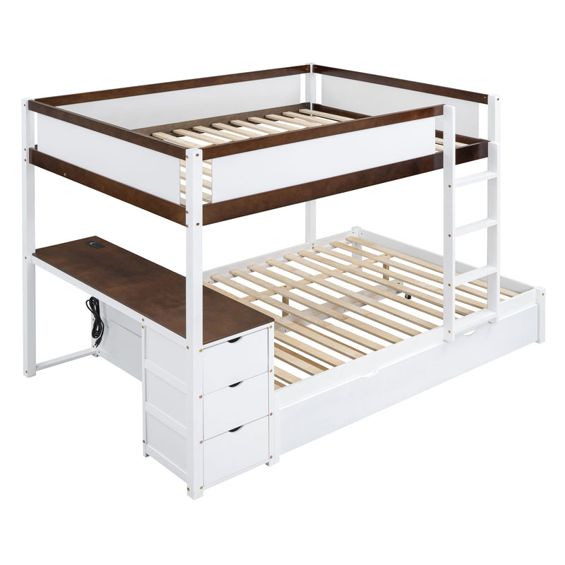Full-Over-Full Bunk Bed With Twin Size Trundle, Storage And Desk, White / Walnut
