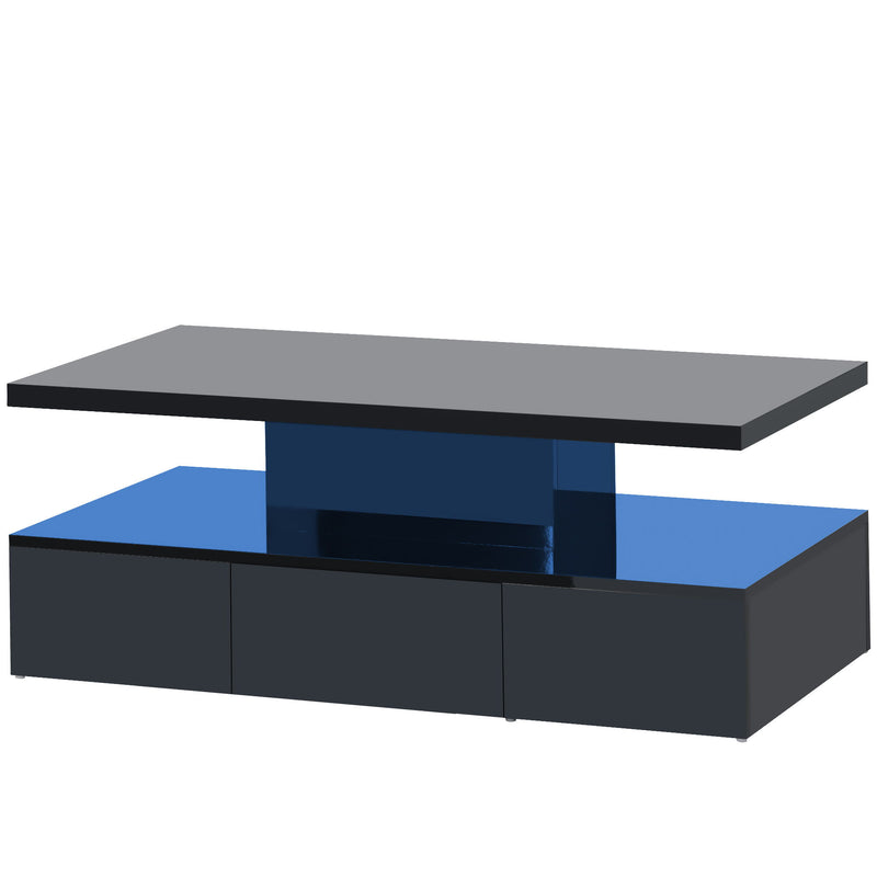 On-Trend Modern Glossy Coffee Table With Drawer, 2-Tier Rectangle Center Table With Plug - In 16 Colors LED Lighting For Living Room, 39.3''X19.6''X15.3'', Black
