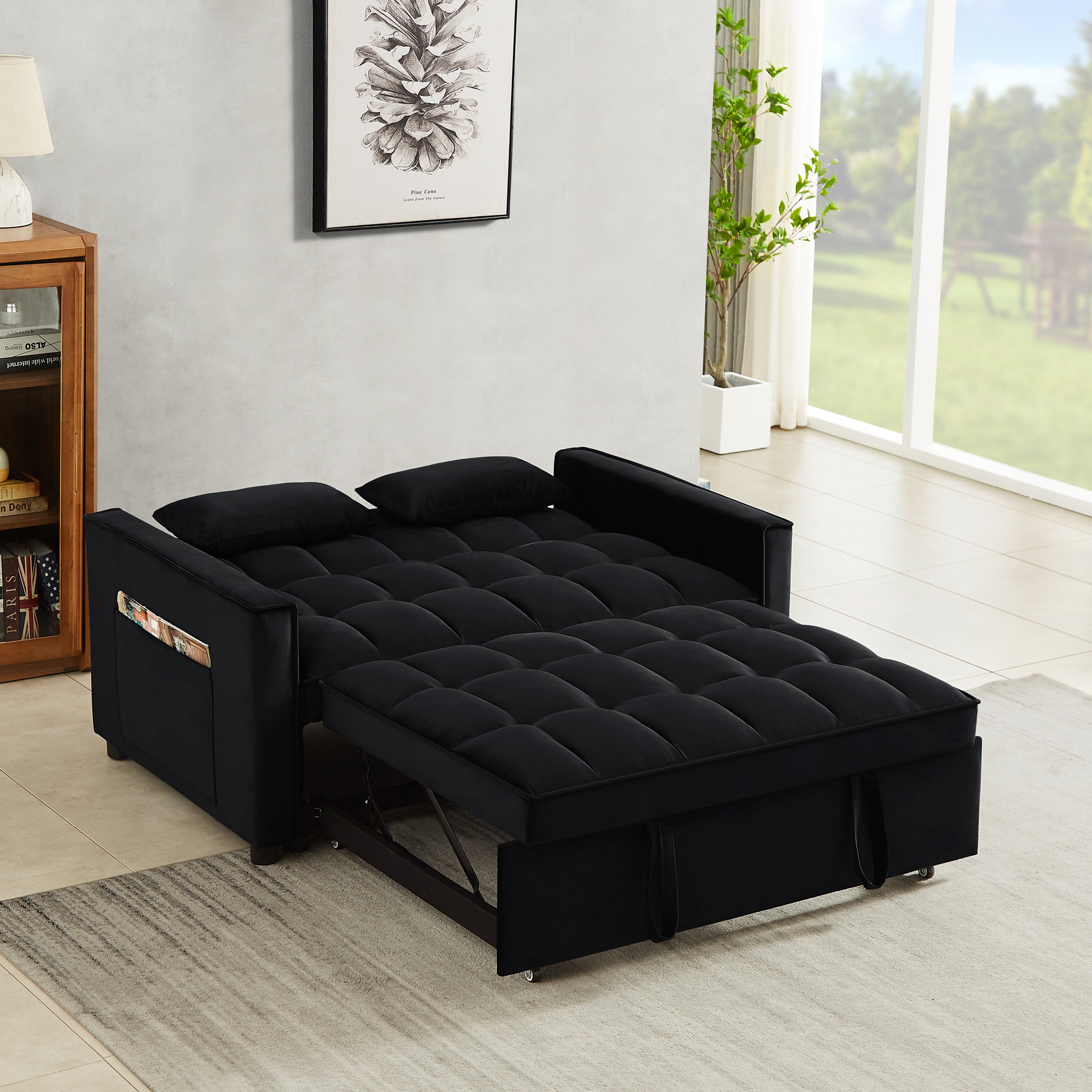 Modern Velvet Convertible Loveseat Sleeper Sofa Couch with Adjustable Backrest, 2 Seater Sofa With Pull-Out Bed with 2 Lumbar Pillows For Small Living Room & Apartment - Atlantic Fine Furniture Inc