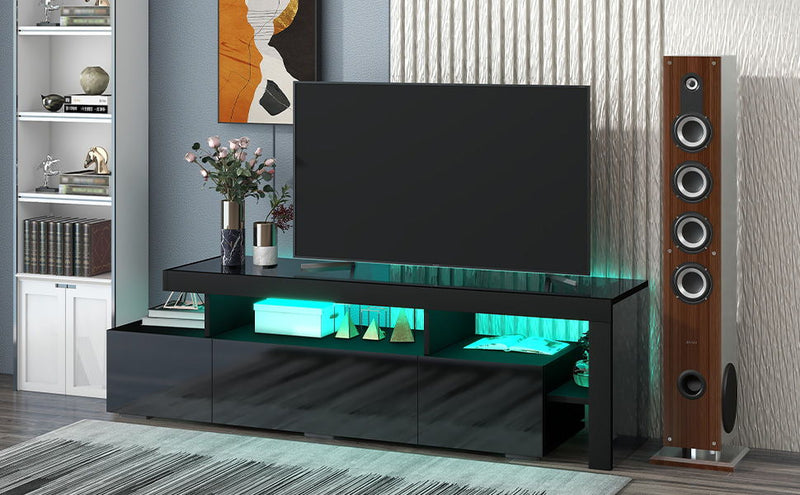 On Trend Modern Style 16 Colored Led Lights TV Cabinet, Uv High Gloss Surface Entertainment Center With Dvd Shelf, Up To 70 Inch Tv, Black