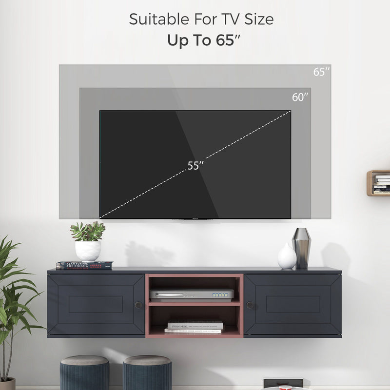 Wall Mounted 65" Floating TV Stand With Large Storage Space, 3 Levels Adjustable Shelves, Magnetic Cabinet Door, Cable Management - Black