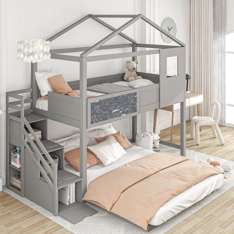 Twin Over Full House Bunk Bed With Storage Staircase And Window - Grey