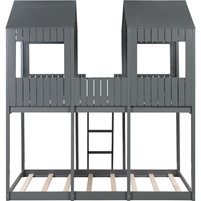 Full Over Full Woodbunk Bed With Roof, Window, Guardrail, Ladder (Gray)