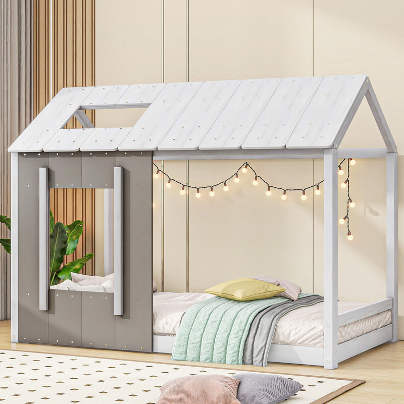 Twin Size House Platform With Roof And Window, White / Antique Grey