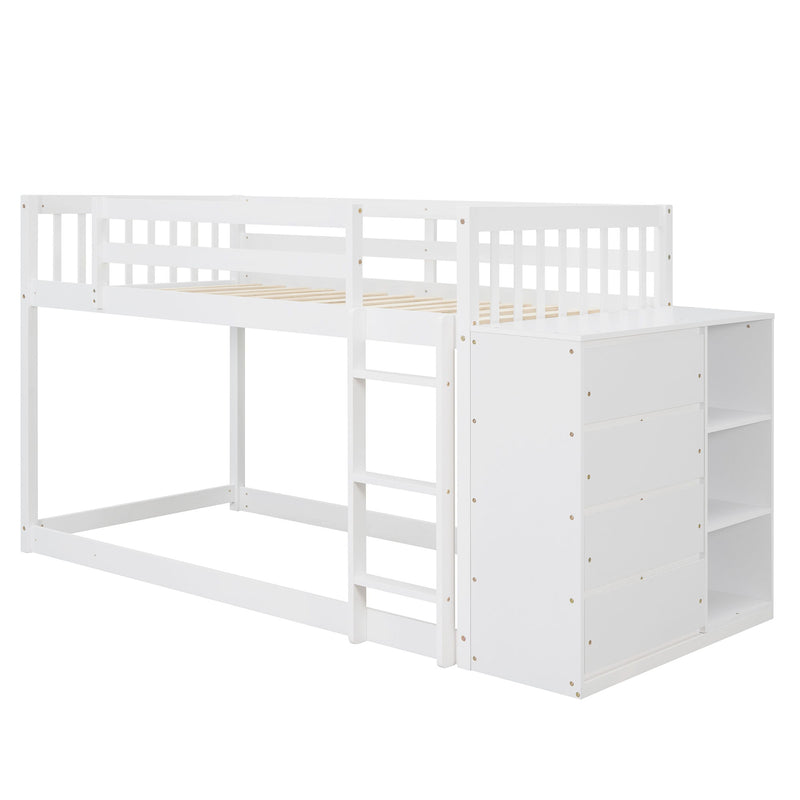 Twin Over Twin Bunk Bed With 4 Drawers And 3 Shelves - White