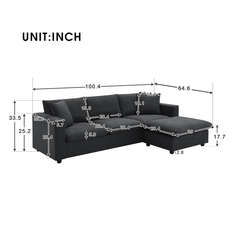 Modern Sectional Sofa, L-Shaped Couch Set With 2 Free Pillows, 4 - Seat Polyester Fabric Couch Set With Convertible Ottoman For Living Room, Apartment