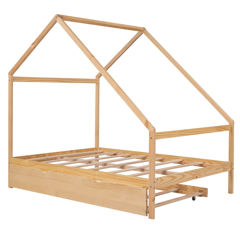 Full Size Wooden House Bed, With Twin Size Trundle, Natural