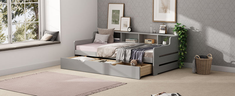 Twin Size Wooden Day Bed With Trundle For Guest Room, Small Bedroom, Study Room, Gray