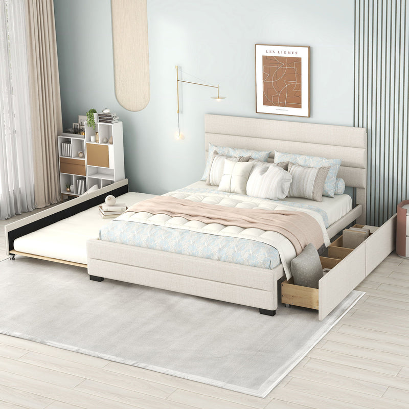 Queen Upholstered Platform Bed With Twin Size Trundle And Two Drawers, Beige