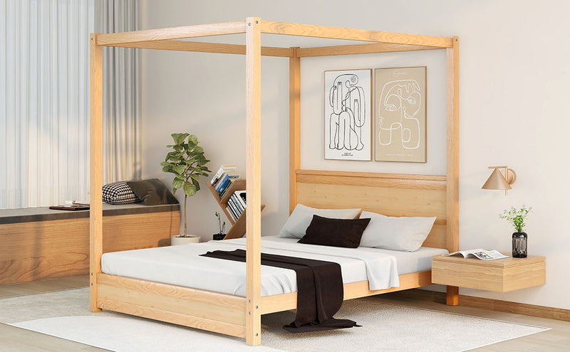 Queen Size Canopy Platform Bed With Headboard And Support Legs, Natural