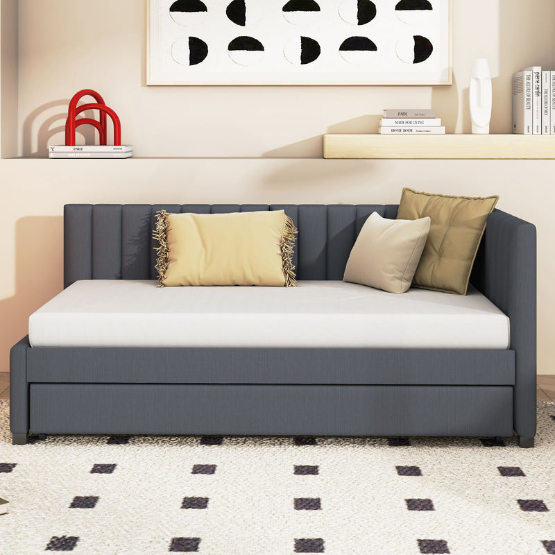 Upholstered Daybed With Trundle Twin Size Sofa Bed Frame No Box Spring Needed, Linen Fabric (Gray)