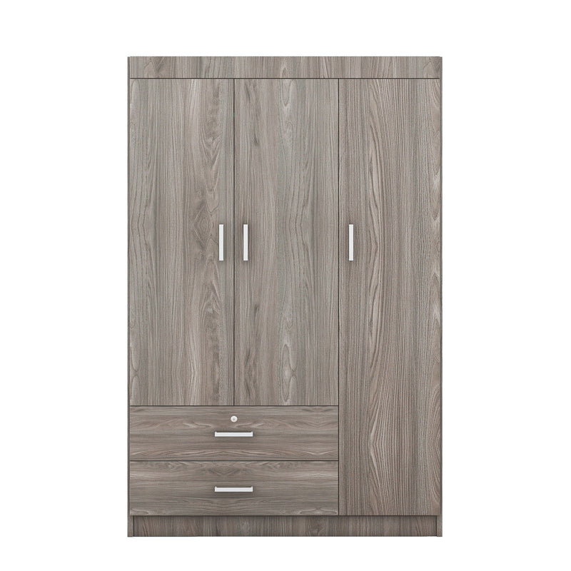 3-Door Wardrobe With 2 Drawers, Wood Grain Effect In Gray