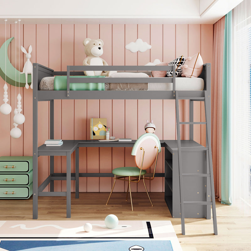 Full Size Loft Bed With Shelves And Desk, Wooden Loft Bed With Desk Gray