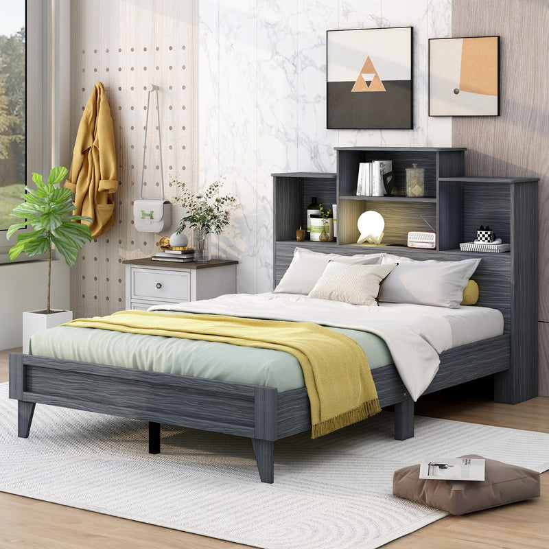 Full Size Storage Platform Bed Frame With 4 Open Storage Shelves And USB Charging Design, Gray