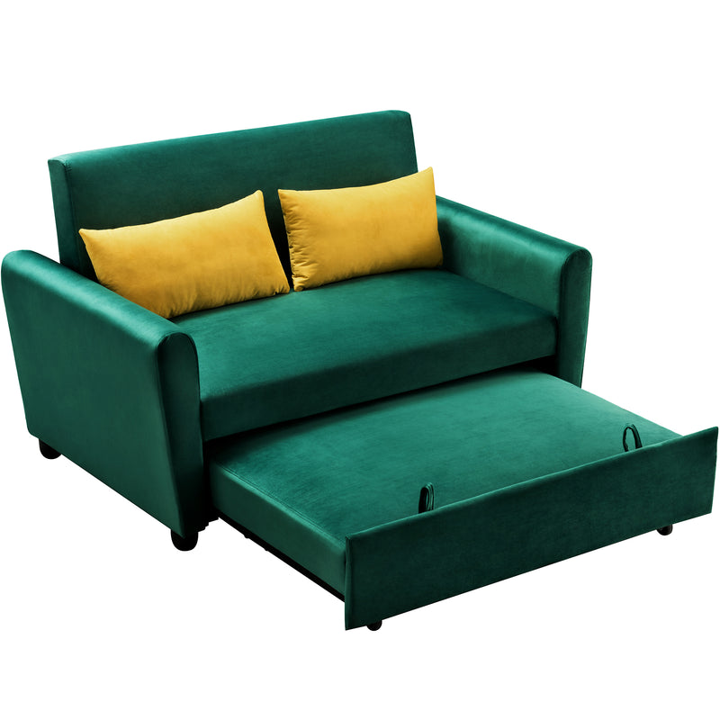 [VIDEO provided]55" Modern Velvet Sofa with Pull-Out Sleeper Bed with 2 Pillows Adjustable Backrest for Small Spaces Green