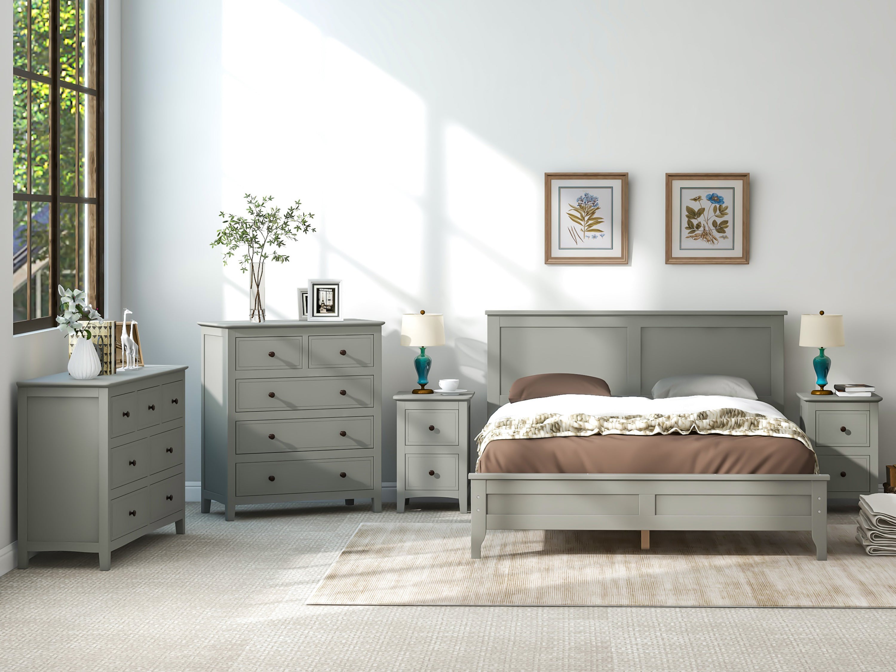 Gray Solid Wood 5 Pieces Full Bedroom Sets(bed+nightstand*2+chest+dresser）NEW - Atlantic Fine Furniture Inc