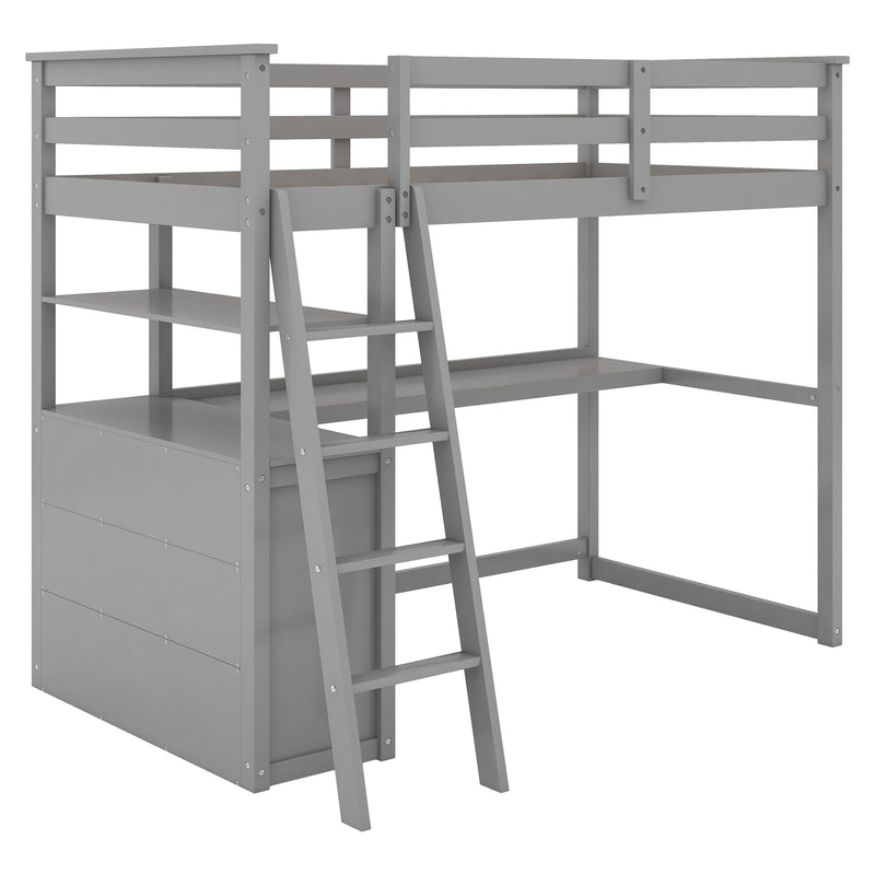 Twin Size Loft Bed With Desk And Shelves, Two Built-In Drawers, Gray
