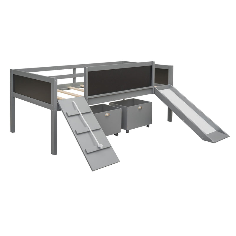 Twin Size Loft Bed Wood Bed With Two Storage Boxes - Gray