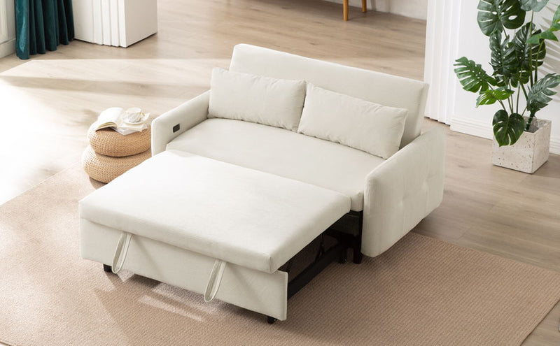 Pull - Out Sofa Bed Convertible Couch 2 Seat Loveseat Sofa Modern Sleeper Sofa With Two Throw Pillows And USB Ports For Living Room, Beige