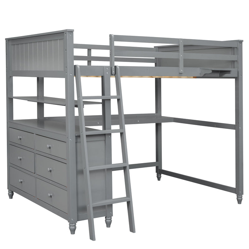 Full Size Loft Bed With Drawers And Desk, Wooden Loft Bed With Shelves - Gray