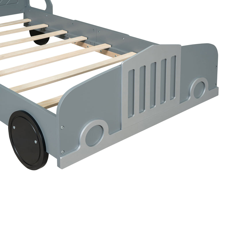 Twin Size Car-Shaped Platform Bed With Wheels, Gray