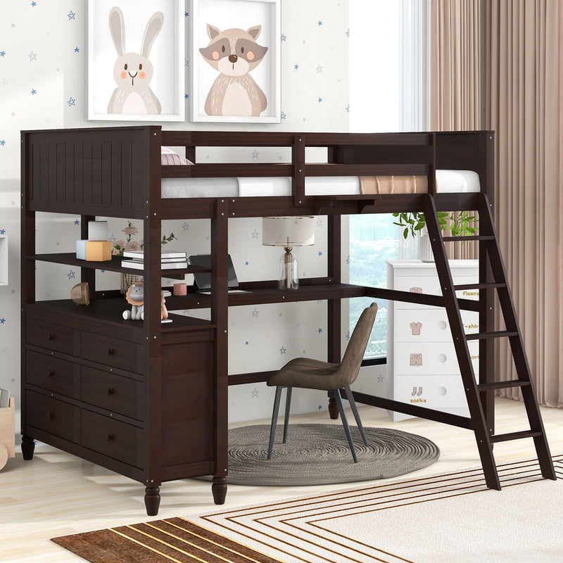 Full Size Loft Bed With Drawers And Desk, Wooden Loft Bed With Shelves - Espresso