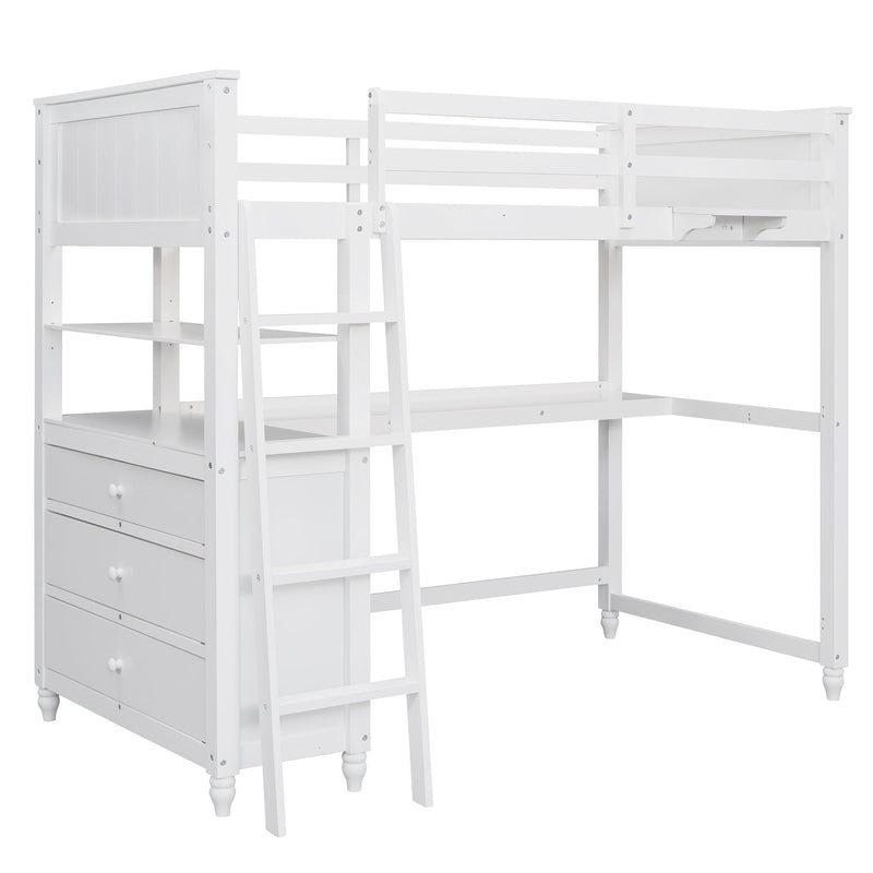 Twin Size Loft Bed With Drawers And Desk, Loft Bed With Shelves - White